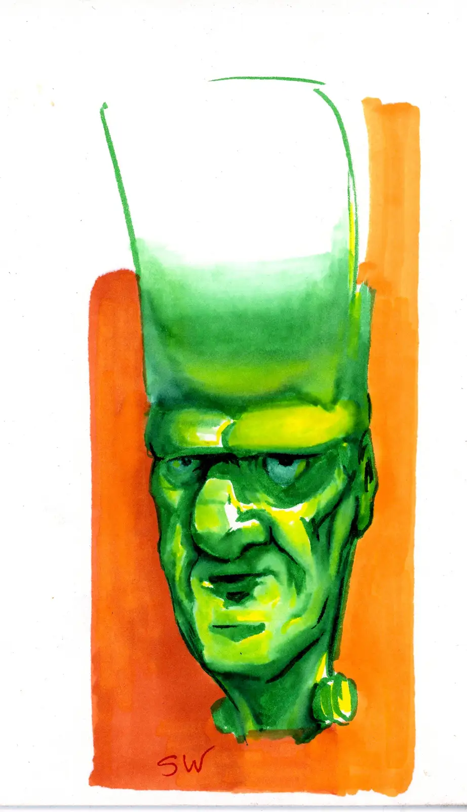A watercolor painting depicts a green-skinned, Frankenstein-like monster with a square, blocky head and visible bolts on its…