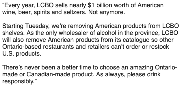 A screenshot of a press release from LCBO announcing the removal of all American-made alcoholic products from its shelves…