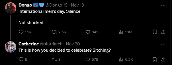 A screenshot of two Twitter replies. The first by 'Dongo' says 'International men's day. Silence. Not shocked.' The second…