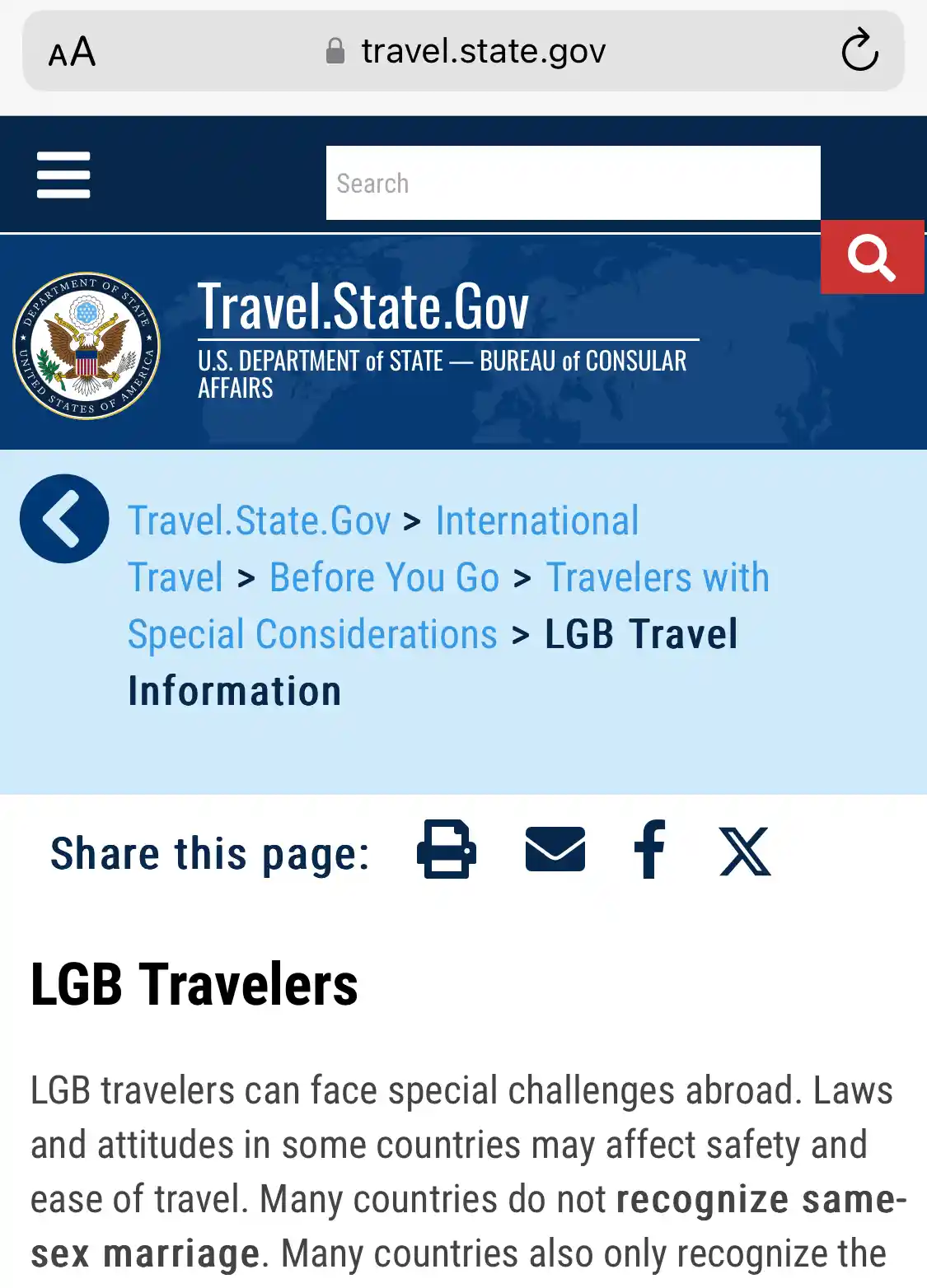 A screenshot of the U.S. Department of State's travel.gov website, specifically the 'LGB Travel' information page. The page…