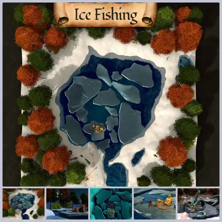 An overhead view of a frozen lake surrounded by autumn trees, with a fishing setup on a small ice floe. Below, five smaller…