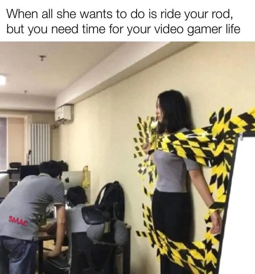 A woman stands against a wall with her arms and legs bound by yellow and black caution tape, looking toward two people at a…