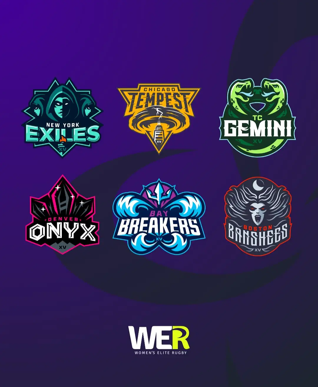 The image displays six distinct team logos for Women's Elite Rugby (WER), arranged in two rows against a purple background…