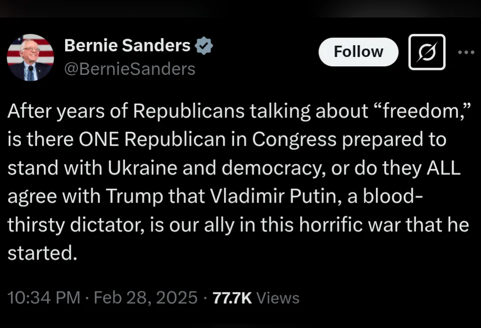A screenshot of a tweet from Bernie Sanders' verified Twitter account, showing his profile picture and a tweet questioning…