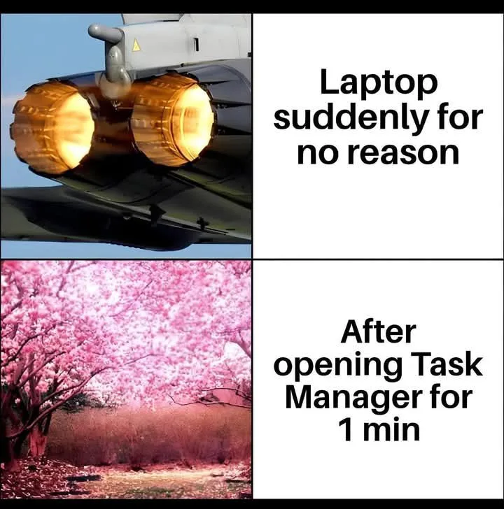 The meme is split into two panels. Top panel shows a jet engine with afterburners glowing brightly against a blue sky…