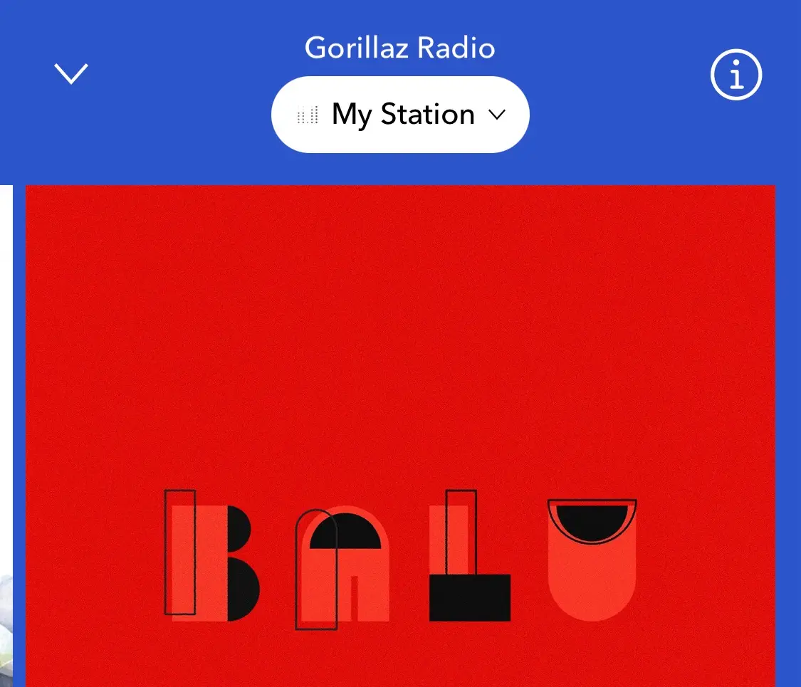 A screenshot of the Gorillaz Radio app interface shows 'My Station' selected, with a red album art featuring the stylized…