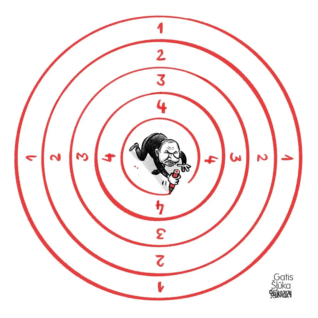 A cartoon drawing shows a man with a mustache and glasses, holding a red marker, trapped inside a red concentric circle…