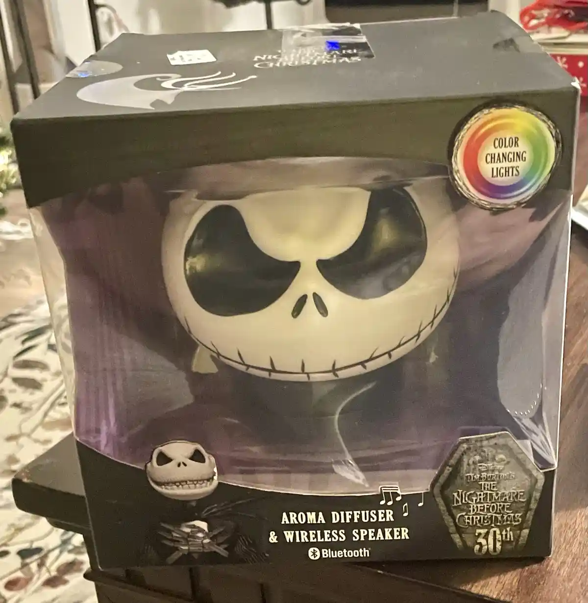 A product box for a Jack Skellington-themed aroma diffuser and wireless speaker from 'The Nightmare Before Christmas,'…