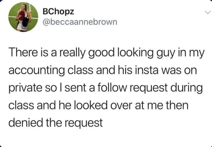 A screenshot of a tweet from user BChopz (@beccaannebrown) showing a text post about sending an Instagram follow request to…