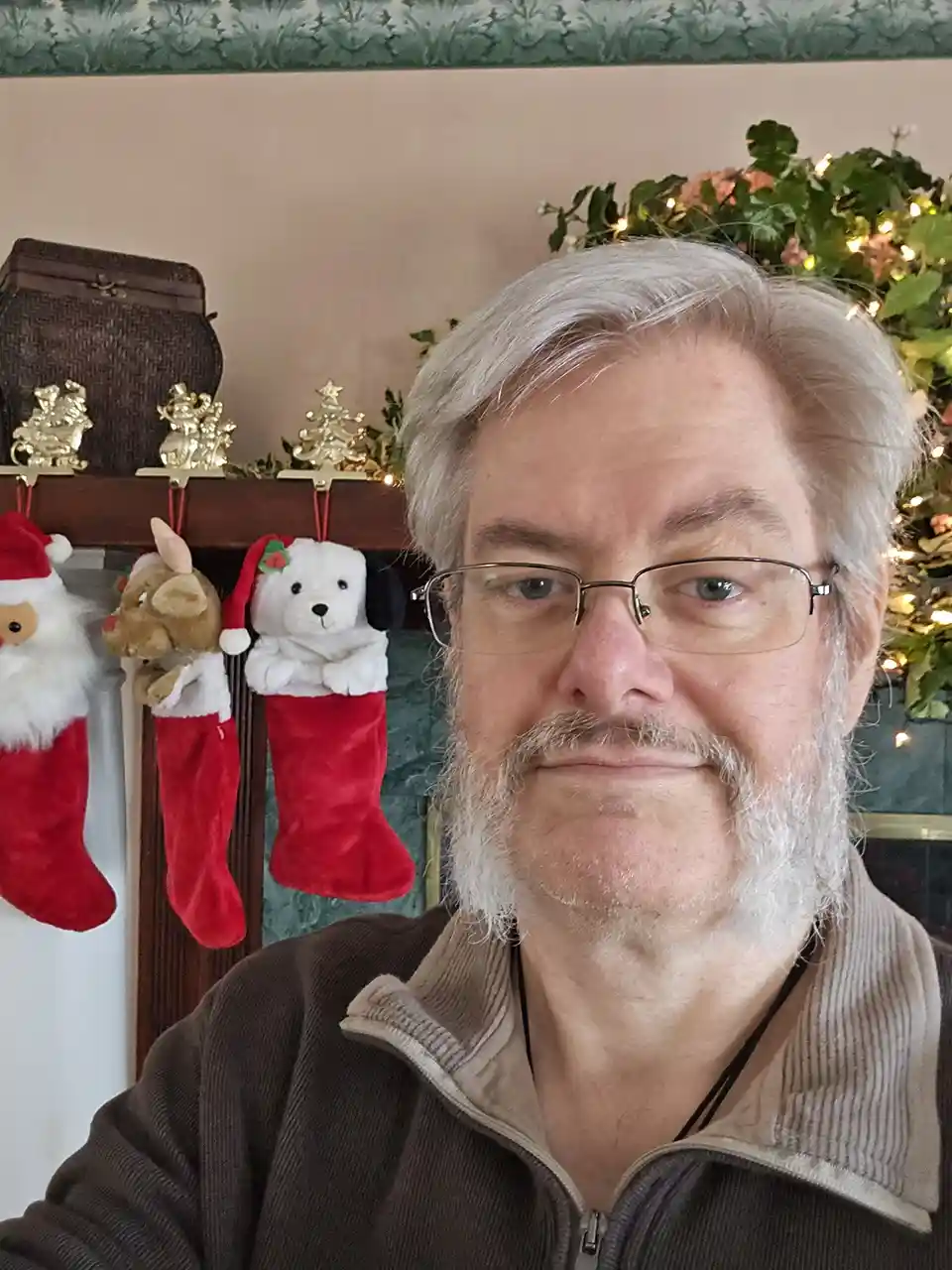 A man with gray hair, glasses, and a beard looks directly at the camera with a neutral expression. Behind him, a fireplace…