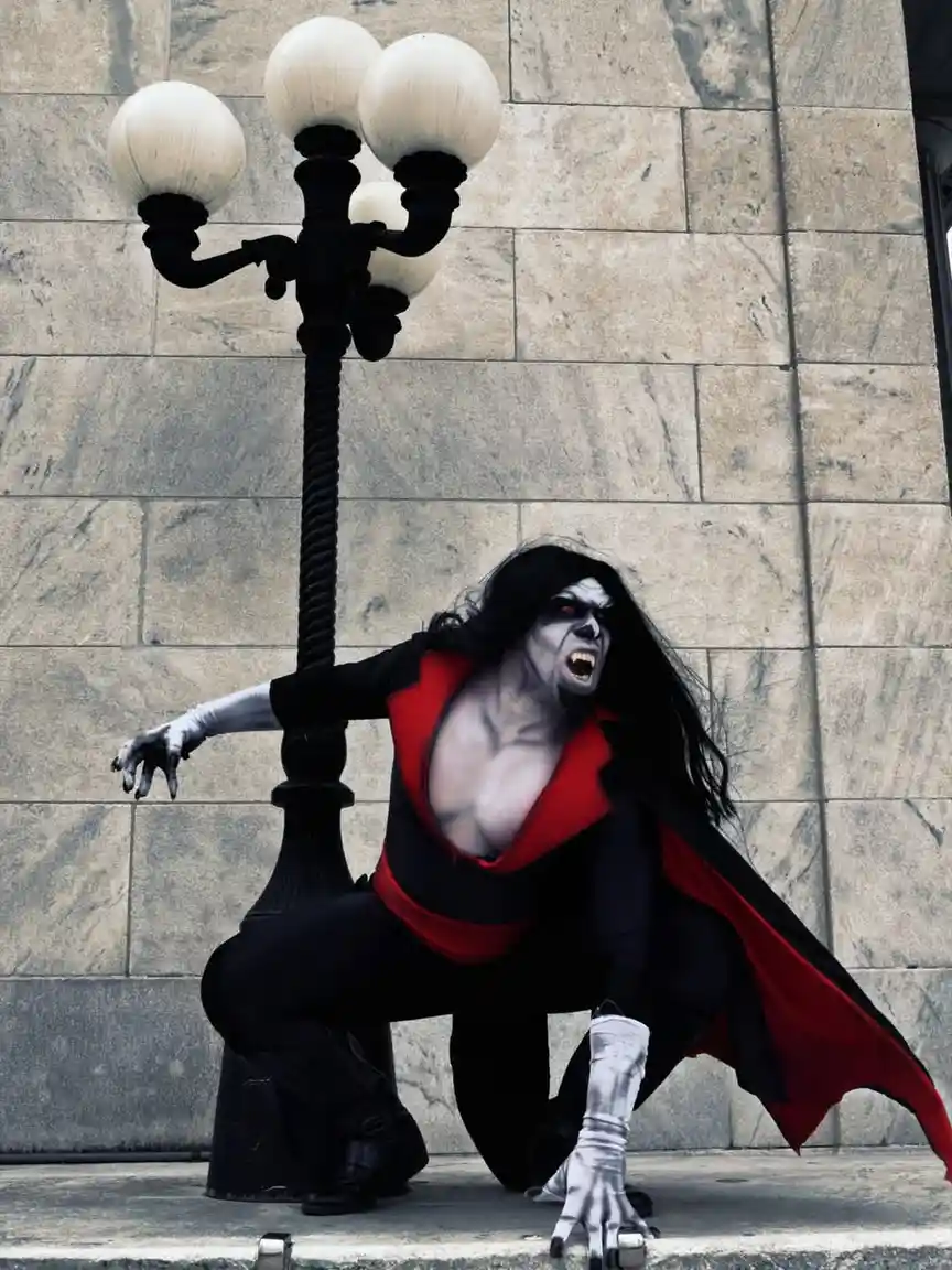 A person in a vampire costume with pale makeup, red eyes, black hair, and a red-lined black outfit crouches menacingly…