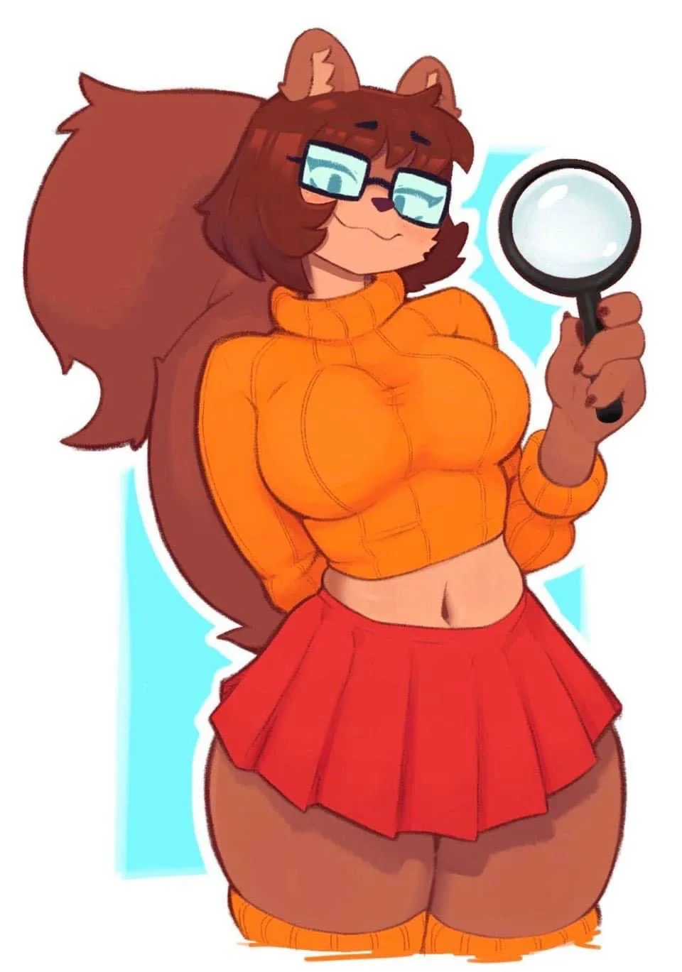 An anthropomorphic female squirrel with brown fur, wearing glasses, an orange cropped turtleneck, and a red pleated skirt…