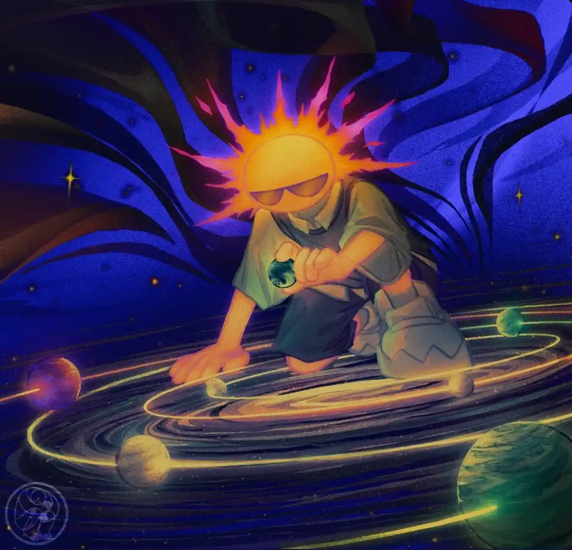 An anime-style character with a sun-like head and sunglasses kneels in a cosmic setting, surrounded by planets and glowing…