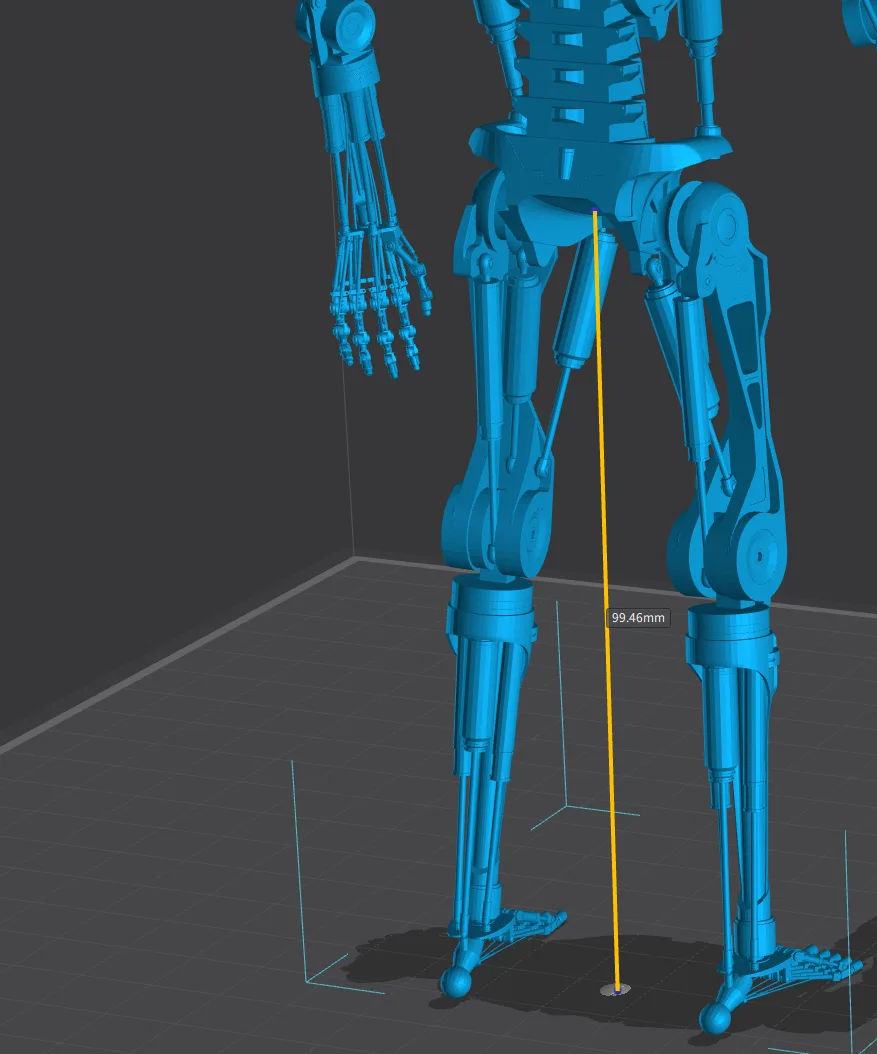 A blue 3D model of a humanoid robot skeleton stands on a grid floor, with a yellow vertical line measuring 99.46mm from the…
