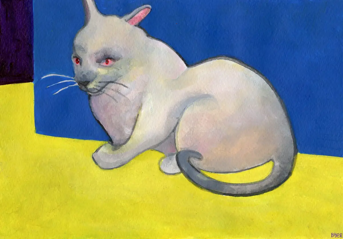 A watercolor painting of a light gray cat with red eyes sitting on a yellow floor against a blue wall, looking intensely at…
