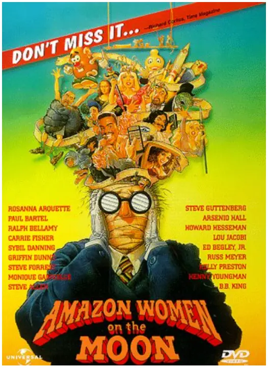 A vintage movie poster for 'Amazon Women on the Moon' features a man in a suit and glasses with a chaotic pile of cartoonish…