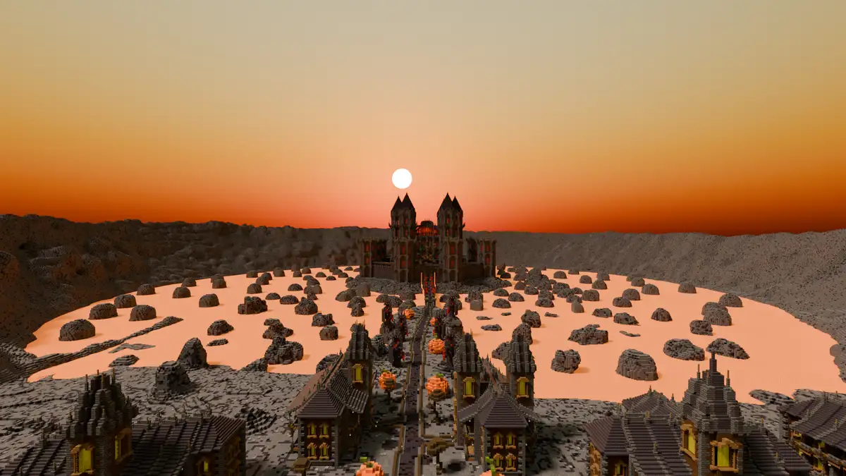 A Minecraft scene depicts a spooky Halloween-themed village with a large castle in the distance, surrounded by pumpkins and…