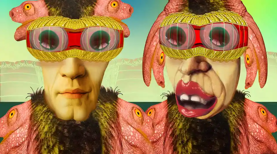 The image shows a split-screen of a person with multiple pink, reptilian heads emerging from their hair and shoulders…
