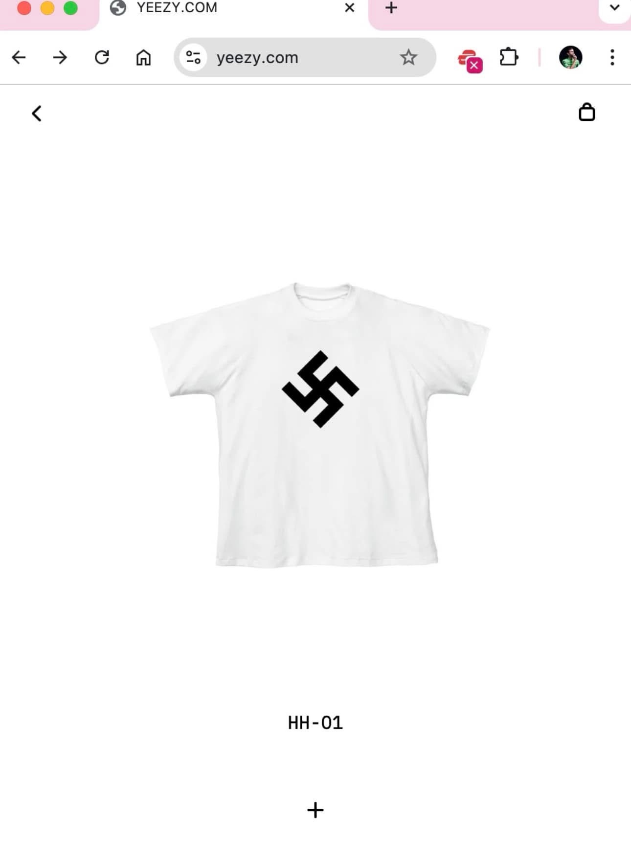 A white t-shirt displayed on a website page, featuring a large black swastika symbol centered on the chest. The URL…