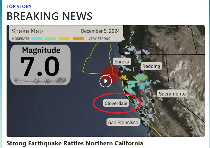A news screenshot shows a 'Breaking News' headline about a 7.0 magnitude earthquake in Northern California on December 5…