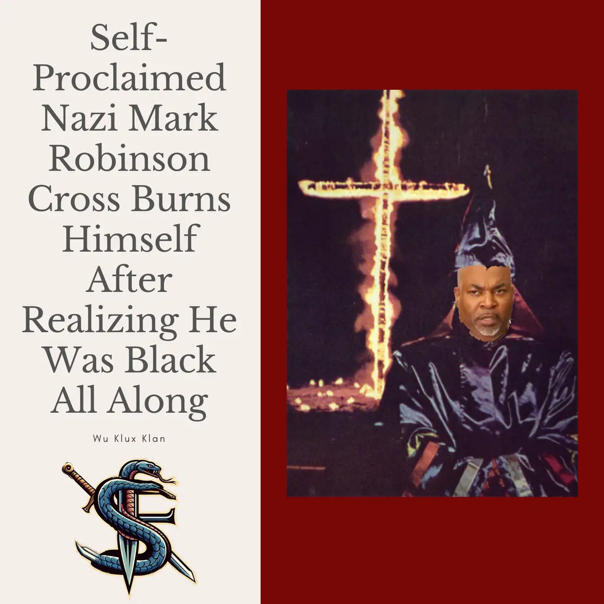 The image shows a man with a stern expression, wearing a dark robe and a pointed hat, superimposed over a background…