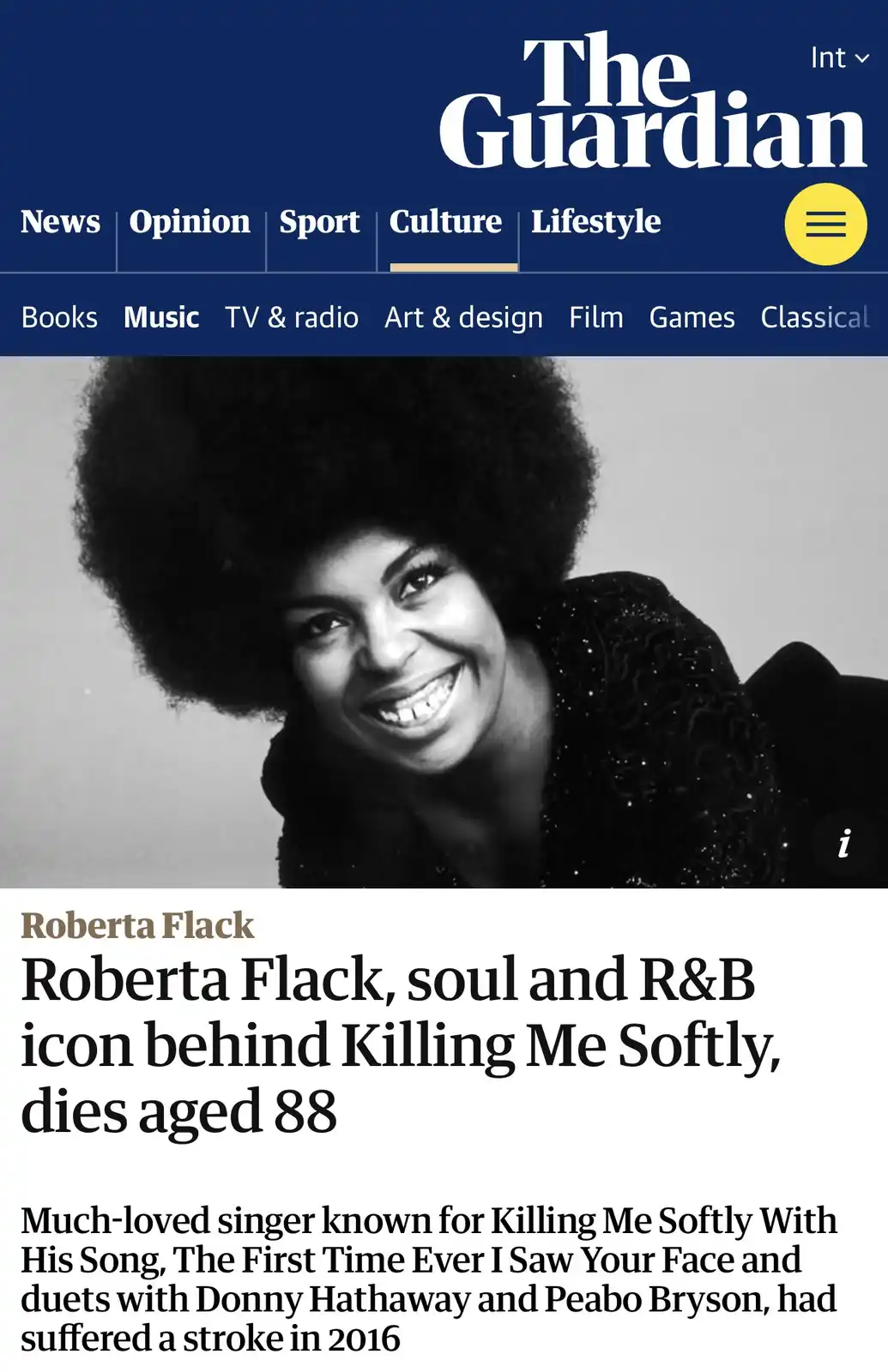 A screenshot of The Guardian's Culture section shows a black-and-white photo of Roberta Flack smiling with her signature…
