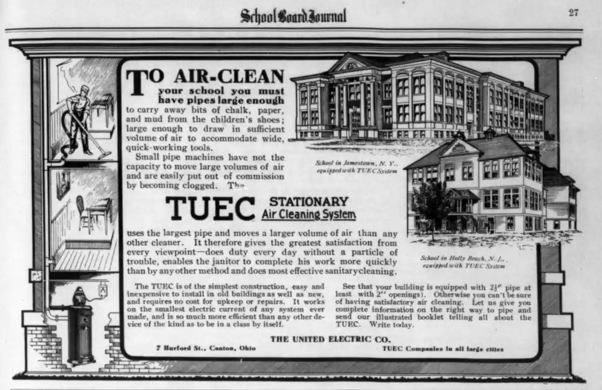 This vintage black-and-white advertisement from the School Board Journal promotes the TUEC Stationary Air Cleaning System…