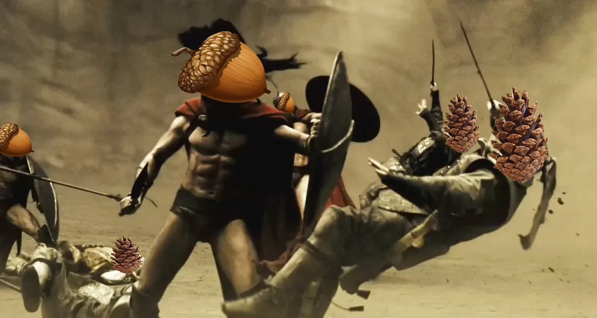 A digitally altered image depicts ancient warriors in a dusty battlefield, with one central figure wearing an acorn for a…