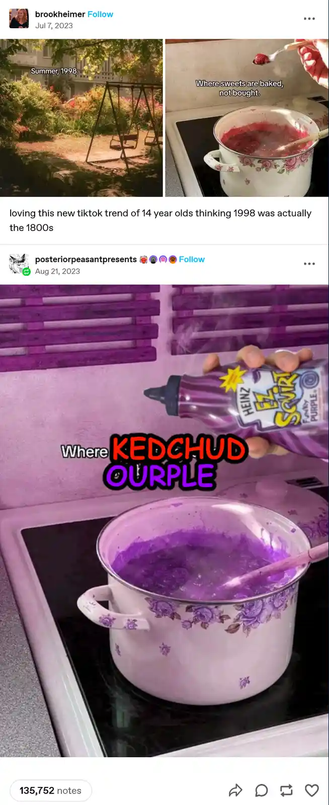 A meme image shows a hand squeezing a bottle of Heinz 'EZ Squirt' ketchup labeled 'Fancy Purple' into a pot of boiling…