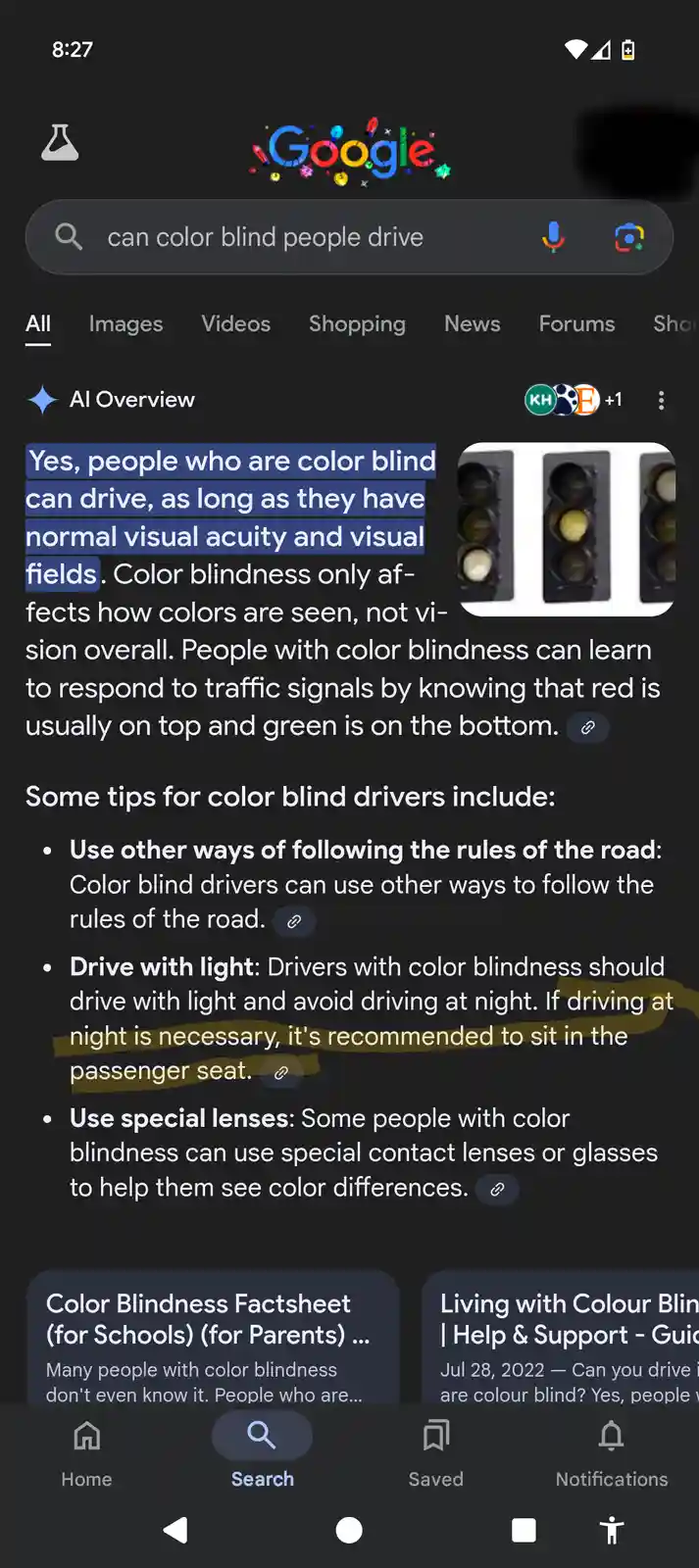 A screenshot of a Google search result for 'can color blind people drive' showing an AI overview. The text explains that…