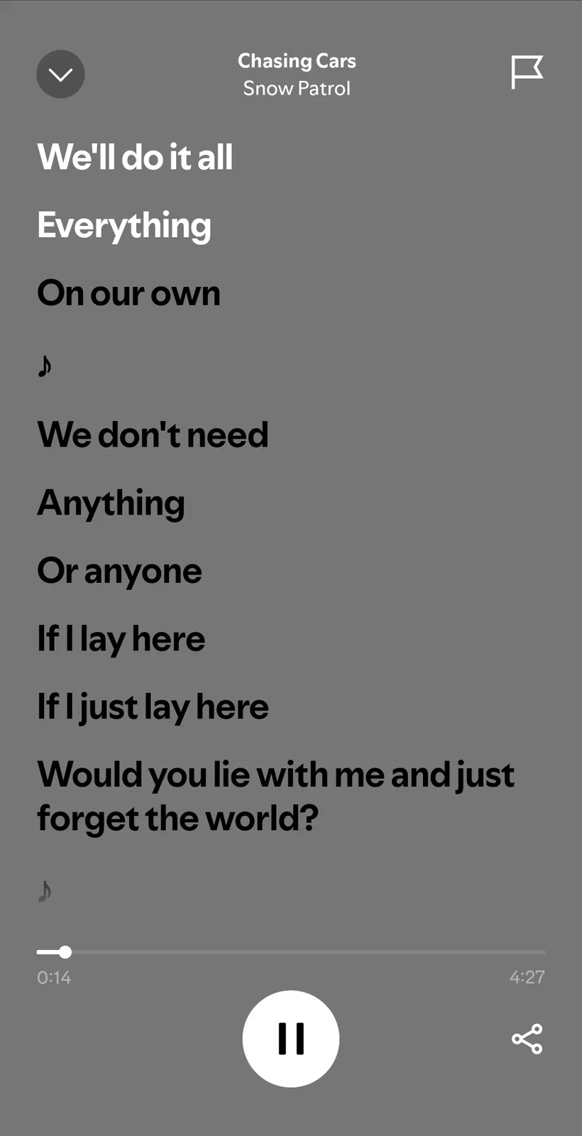 A screenshot of a music player app showing Snow Patrol's song 'Chasing Cars' with lyrics visible. The lyrics displayed are…