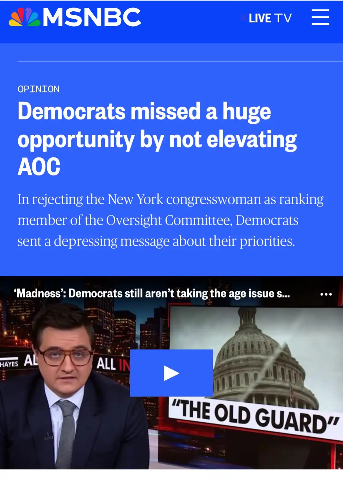 The image shows an MSNBC news screen with a headline reading 'Democrats missed a huge opportunity by not elevating AOC'…