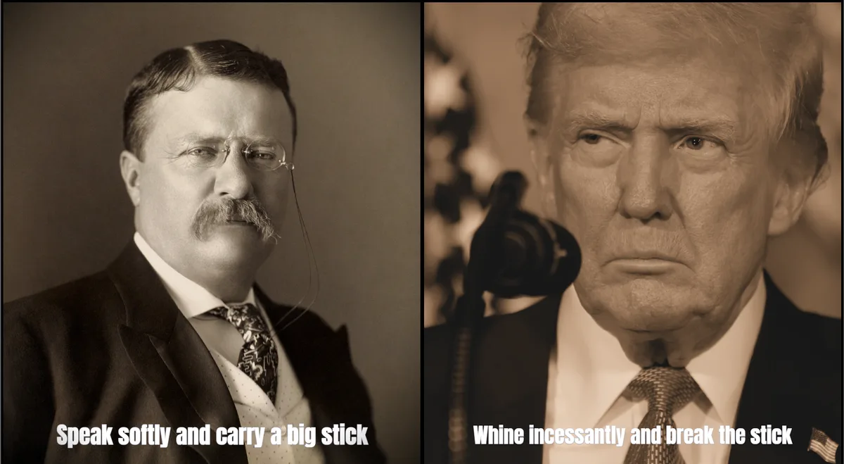 The image is split into two sepia-toned portraits. The left side shows a historical photo of Theodore Roosevelt with the…