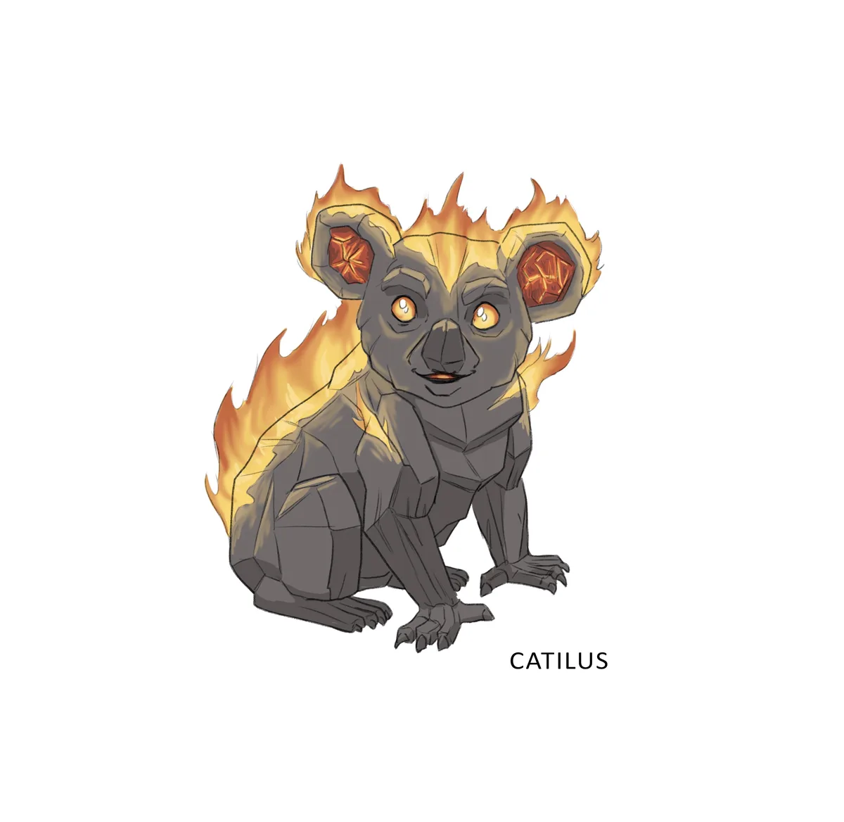 A stylized, low-poly cartoon creature resembling a koala with a dark gray, angular body and bright orange-yellow flames…