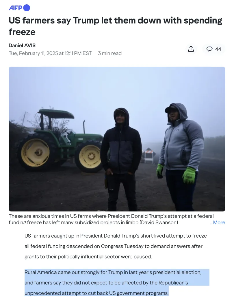 A screenshot of an AFP news article from February 11, 2025, shows two farmers standing in front of a green tractor on a…