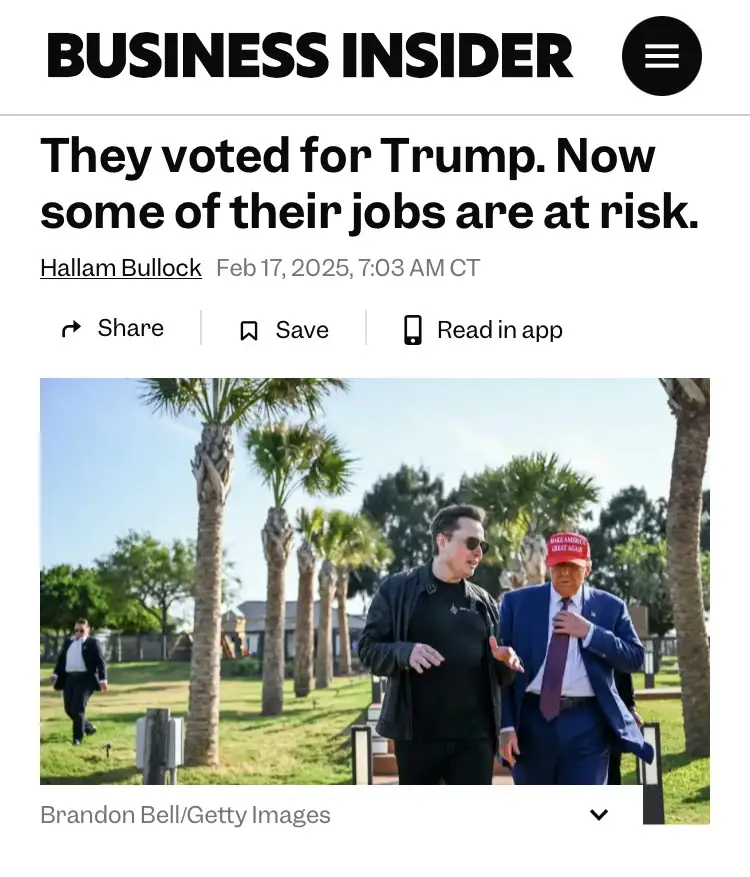 A screenshot of a Business Insider article headline reading 'They voted for Trump. Now some of their jobs are at risk.' The…