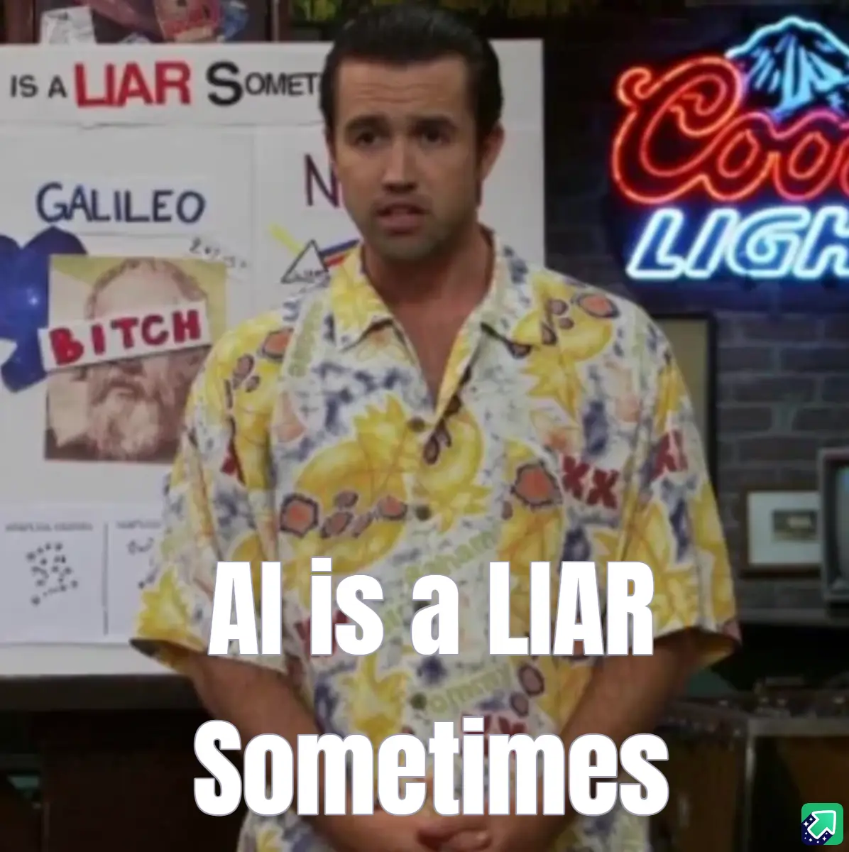 A man in a yellow Hawaiian shirt stands in front of a whiteboard with a 'Galileo' poster and a 'Bitch' sticker, with a neon…