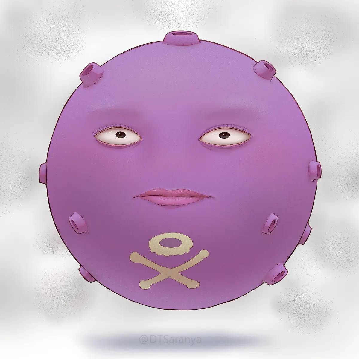 A purple, spherical, cartoonish character with a face, multiple protruding tubes, and a skull-and-crossbones symbol on its…