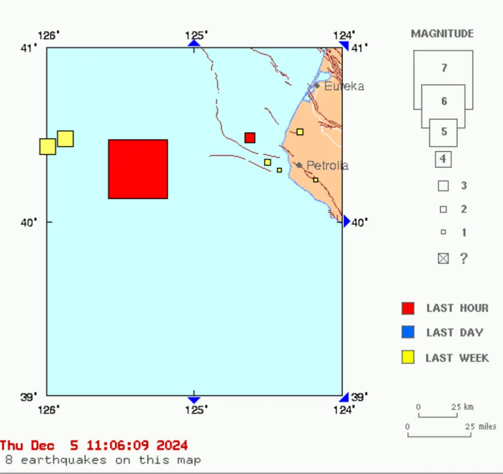 A seismic activity map showing 8 earthquakes marked with colored squares (one large red, several smaller yellow) in a…