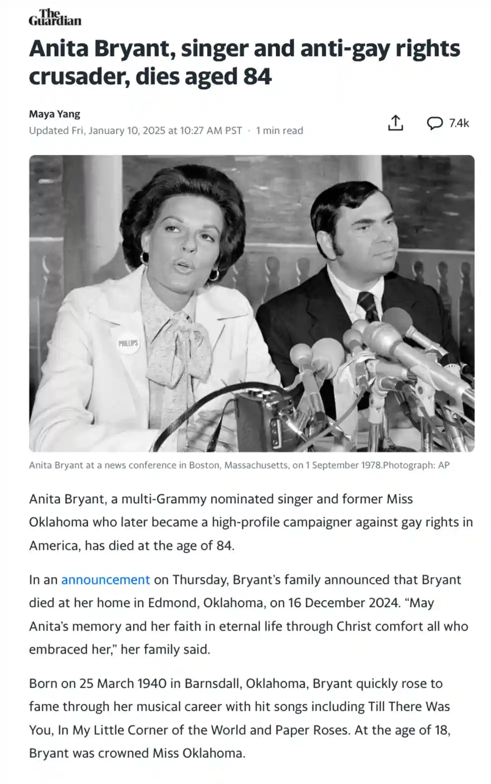 A black-and-white news article screenshot from The Guardian shows a photo of Anita Bryant speaking at a press conference in…