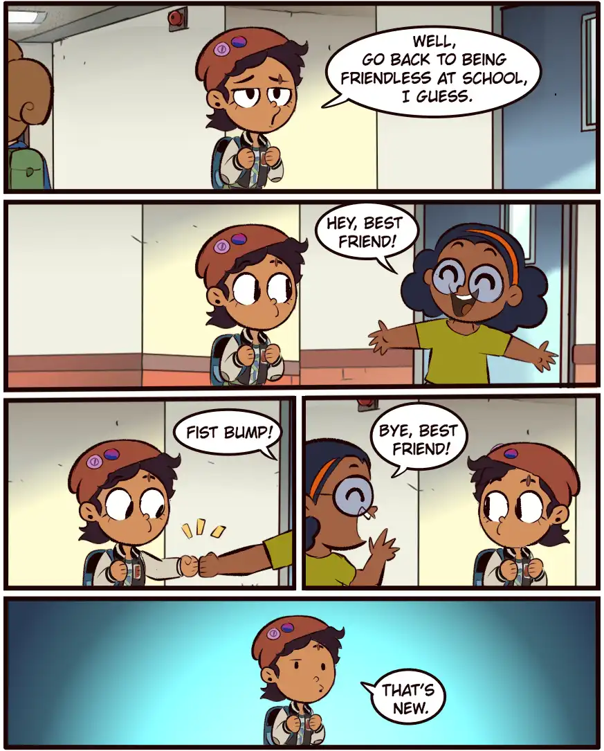 A four-panel comic strip shows a character initially resigned to being friendless at school, then surprised and delighted…