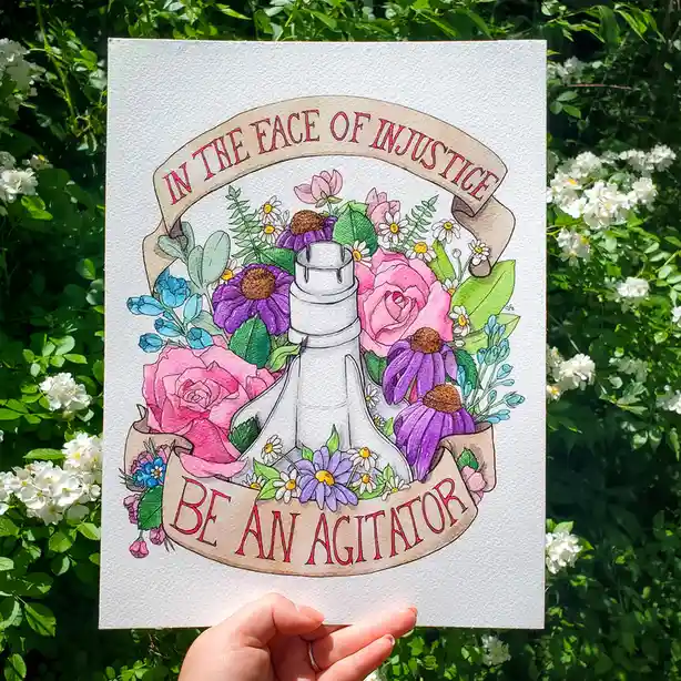 A hand holds a watercolor illustration featuring a white bottle surrounded by pink roses, purple coneflowers, and daisies…