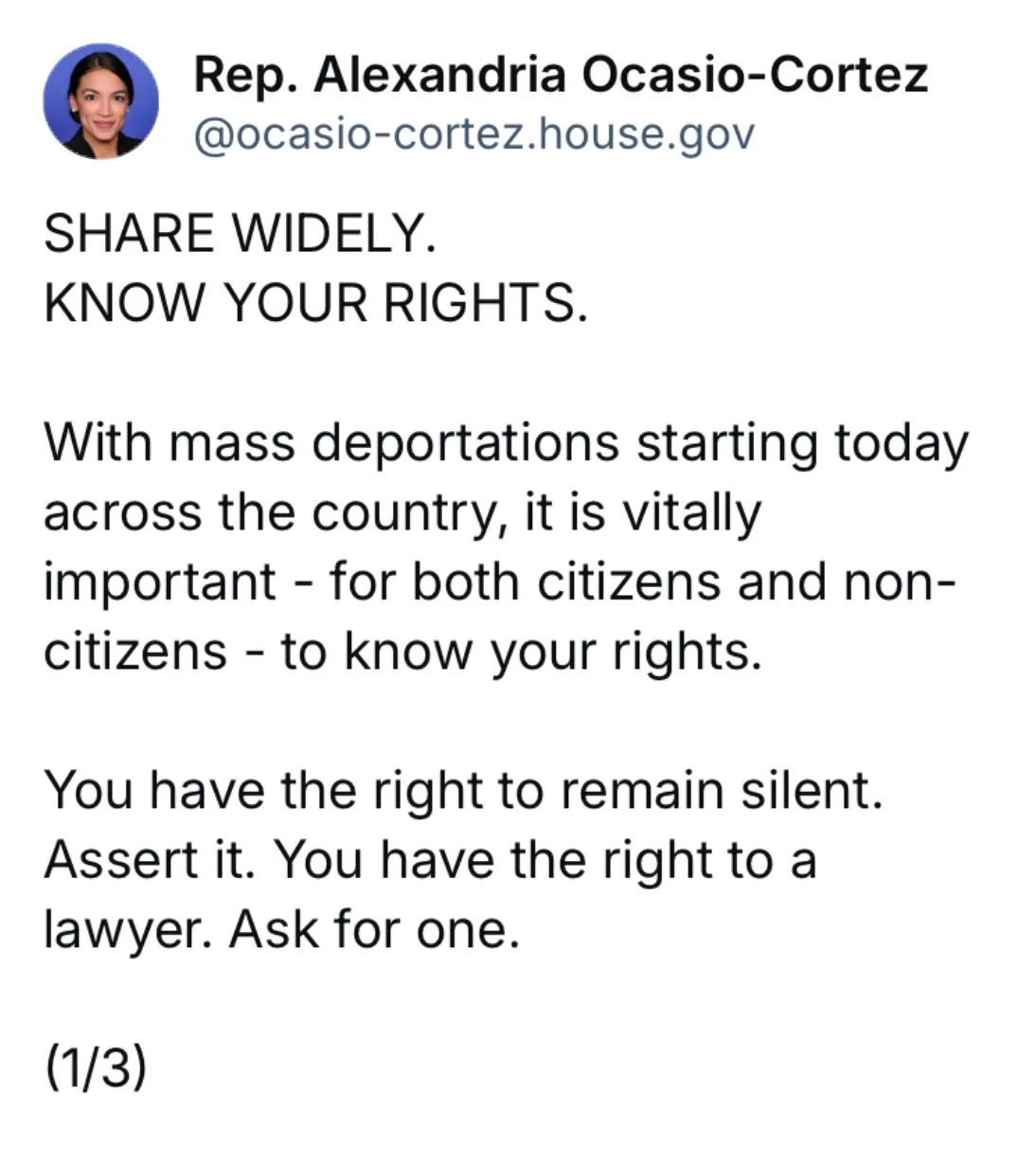 A screenshot of a tweet from Rep. Alexandria Ocasio-Cortez's official account, which reads 'SHARE WIDELY. KNOW YOUR RIGHTS.'…