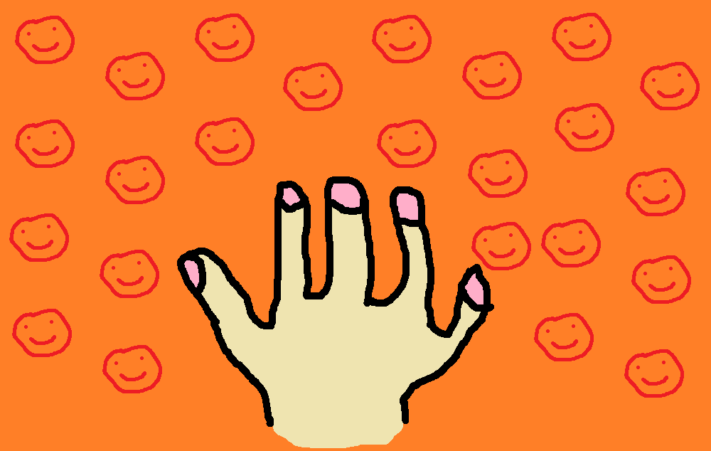 A cartoon hand with pink fingernails is shown against an orange background filled with red-outlined smiling faces. The hand…