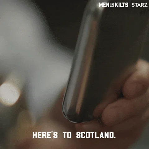 A six-panel image collage from the TV show 'Men in Kilts' on STARZ, showing close-ups of a hand holding a silver flask, then…