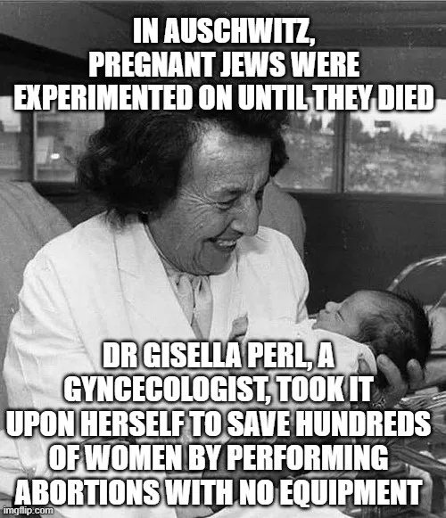 A black-and-white photo shows a smiling woman in a white lab coat holding a newborn baby. Overlaid text claims that in…