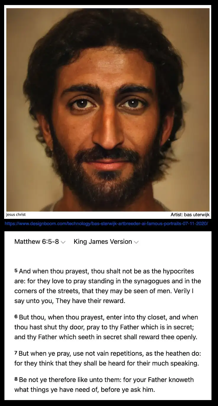 The image displays a realistic AI-generated portrait of a man with dark hair and a beard, labeled 'jesus christ' and…