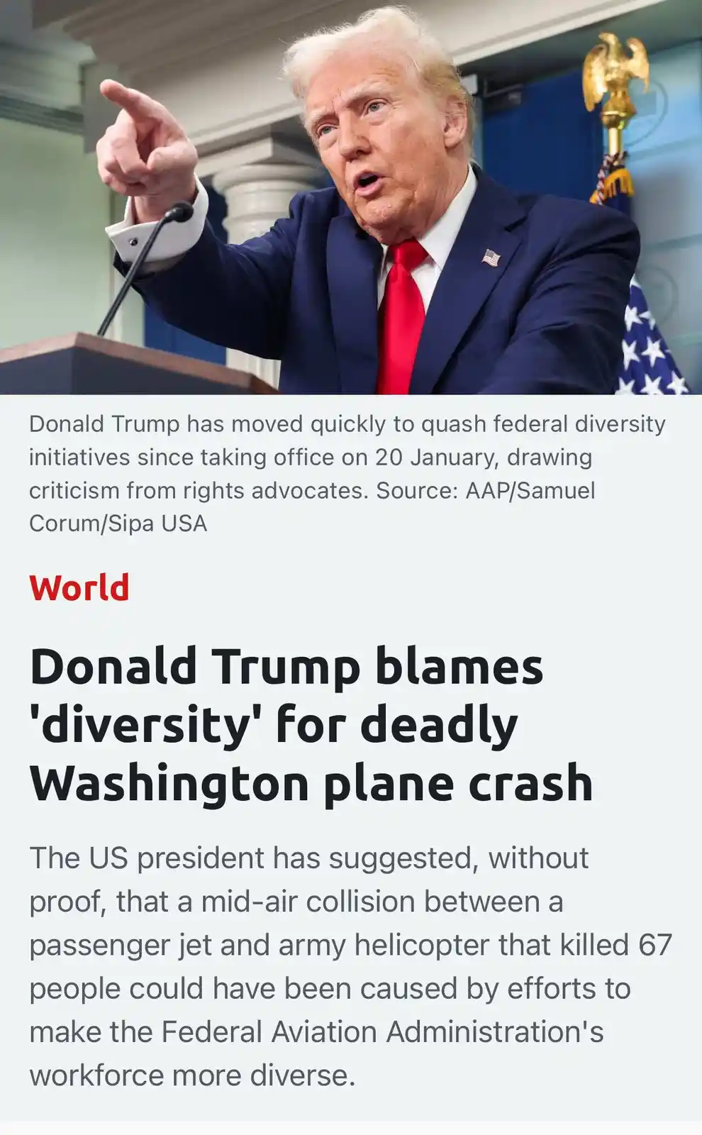 A screenshot of a news article with a photo of Donald Trump pointing angrily. The headline reads 'Donald Trump blames…