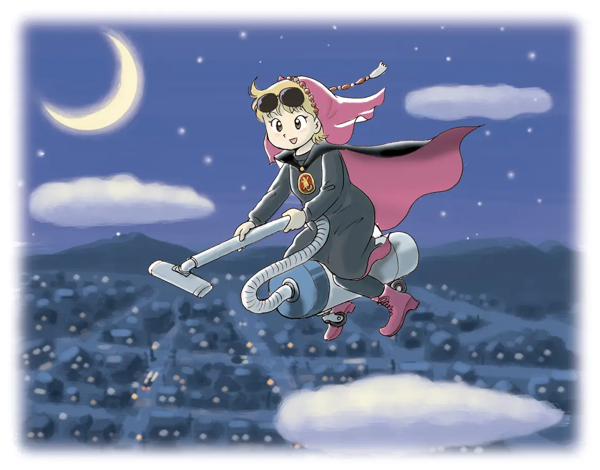 A cartoon girl with blonde hair, pink cape, and goggles rides a vacuum cleaner through a starry night sky over a cityscape…