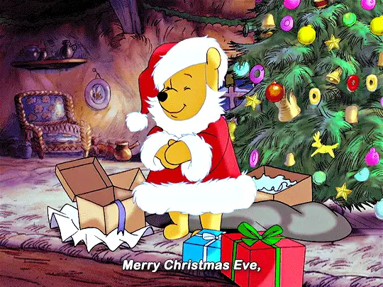 A six-panel image shows Winnie the Pooh in a red Santa suit and hat, standing in front of a decorated Christmas tree with…